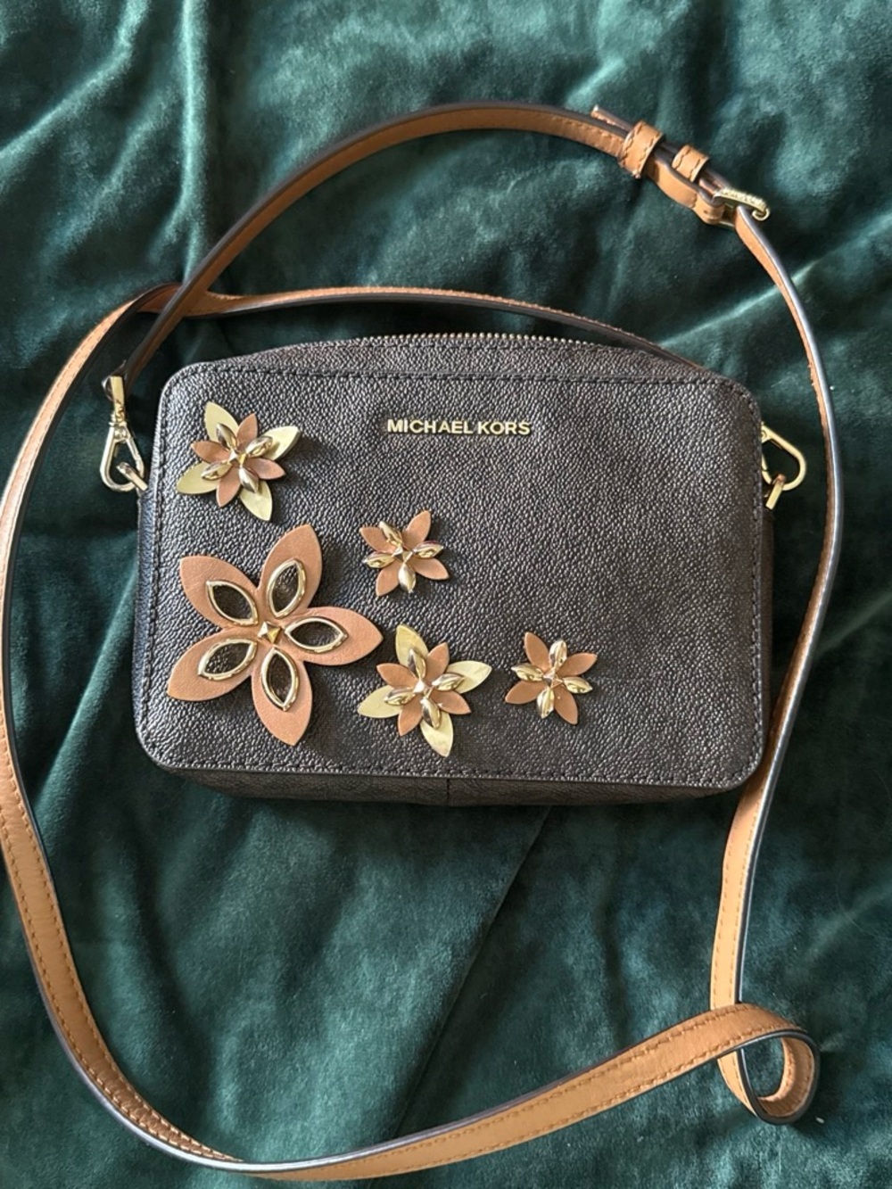 Michael Kors Dark Brown Floral Applique Crossbody Bag with Tan Strap